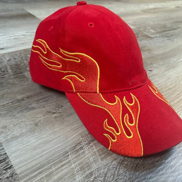 K.Cap Red Cotton Baseball Cap with Yellow Flame Embroidery Y2K Streetwear - Picture 2 of 6